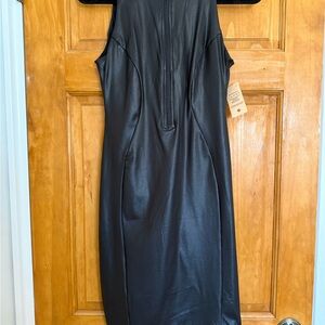 Faux Leather Black Sleeveless Midi Dress